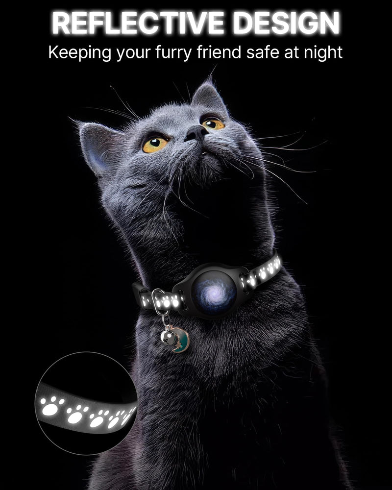 Cat Tracker Collar Waterproof Airtag Cat Collar with Finder Tag (iOS ONLY Not for Android Devices), Compatible with Apple Find My, Breakaway Tractive with Reflective Pattern & Bell, Black, 8-12" - PawsPlanet Australia