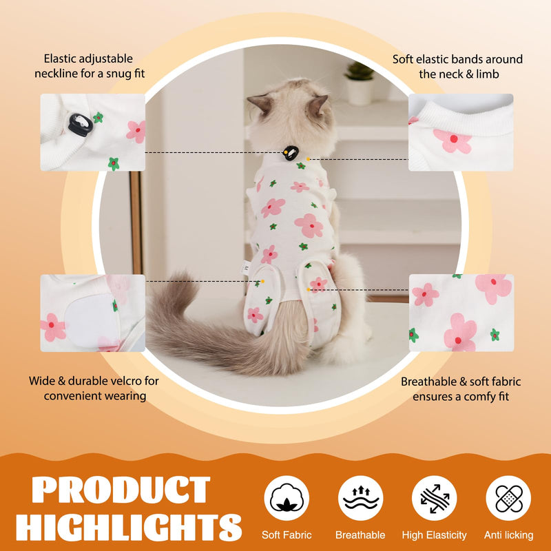 Cat Surgery Recovery Suit, Anti Licking Postoperative Onesie with Roll-Up Design, Soft Breathable Bodysuit Shirt for Female Spay Male Neuter Abdominal Wound Kitten E-Collar Cone Alternative Flower L