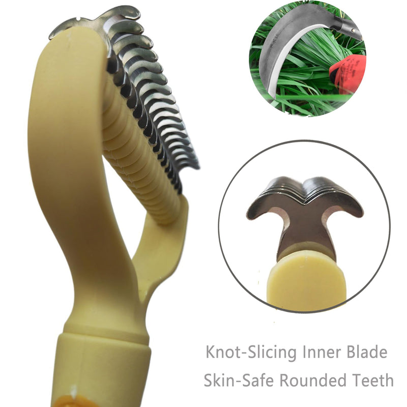 Dematting Comb for Dogs/Cats, 2-Sided Undercoat Detangler Brush for Shedding, Matted Hair & Fur Remover, Painless Pet Grooming Rake with Non-Slip Handle (Yellow,Large) Yellow Large