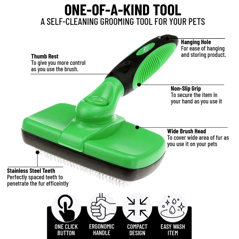 Self Cleaning Slicker Brush for Cat and Dog Coat - Detangler Dog Brush for Shedding & Grooming - Super Easy to Clean Deshedding Grooming Tool Removes Loose Pet Hair, Mats and Tangles (Green) Green - PawsPlanet Australia