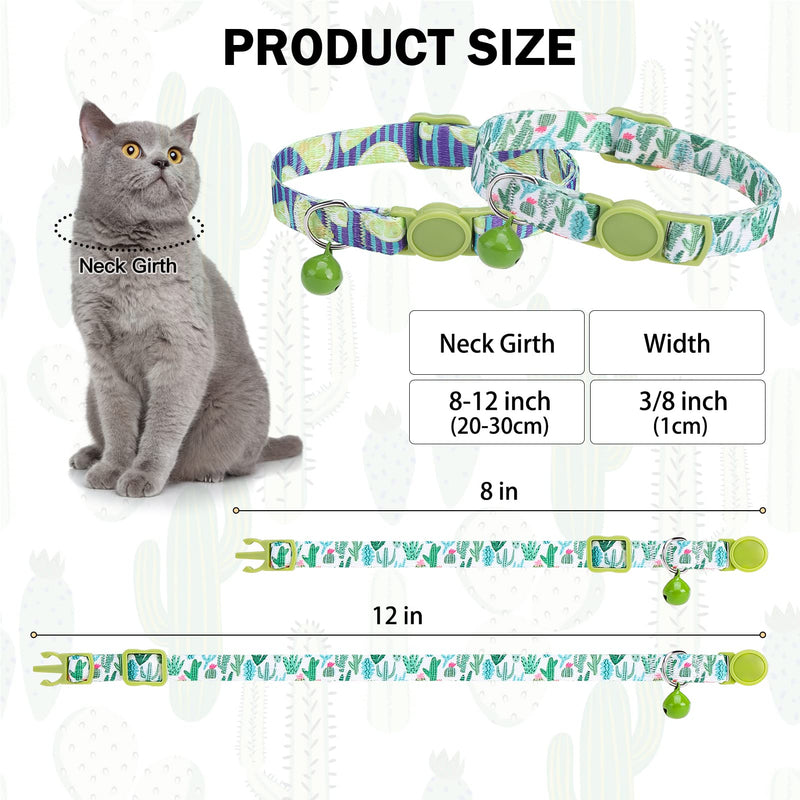 Breakaway Cat Collars for Girl Boy Cats, Spring Summer All Weather Cat Collar Personalized Pattern 2 Pack,Cute Classic Safety Buckles and Bells,Adjustable Printed Nylon Colorful Kitten Collar Cactus Jungle - PawsPlanet Australia