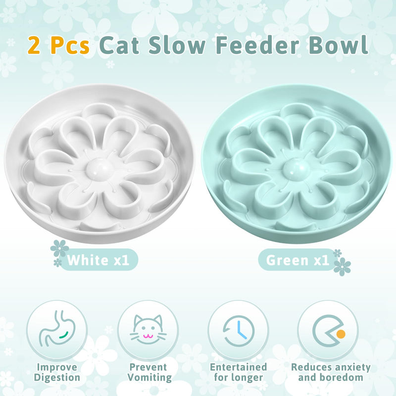2 Pcs Cat Slow Feeder Bowl Cute Cat Food Bowl with Bloom Design Healthy Eating Diet Cat Food Bowl Interactive Cat Feeder Wet Pet Bowls Dish for Cats and Small Dogs (White, Green) White, Green - PawsPlanet Australia