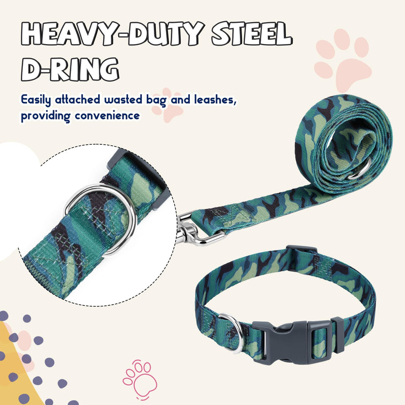 Print Patterned Dog Collar Leash Set, Adjusted Quick-Release Plastic Buckles and Heavy-Duty Steel D-Ring Nylon Collar Leash Set Strong Durable, Green Camo,M Medium Set - PawsPlanet Australia