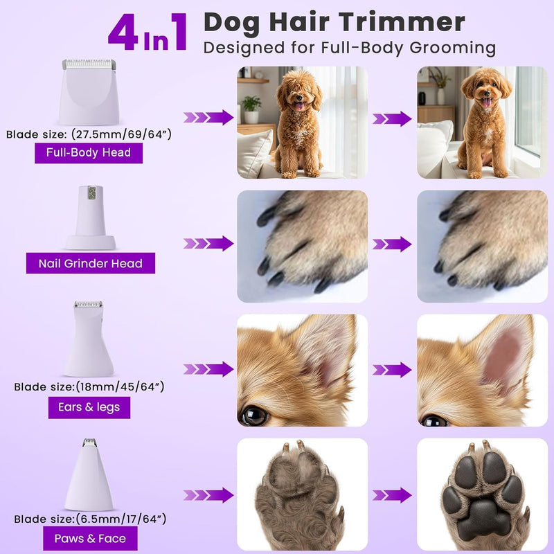 Dog Clippers for Grooming - 4-in-1 Dog Clippers Grooming Kit with Low Noise & IPX7 Waterproof Design Includes Comb Paw Trimmer Nail Grinder - Rechargeable & Cordless Dog paw Trimmer (Purple) - PawsPlanet Australia