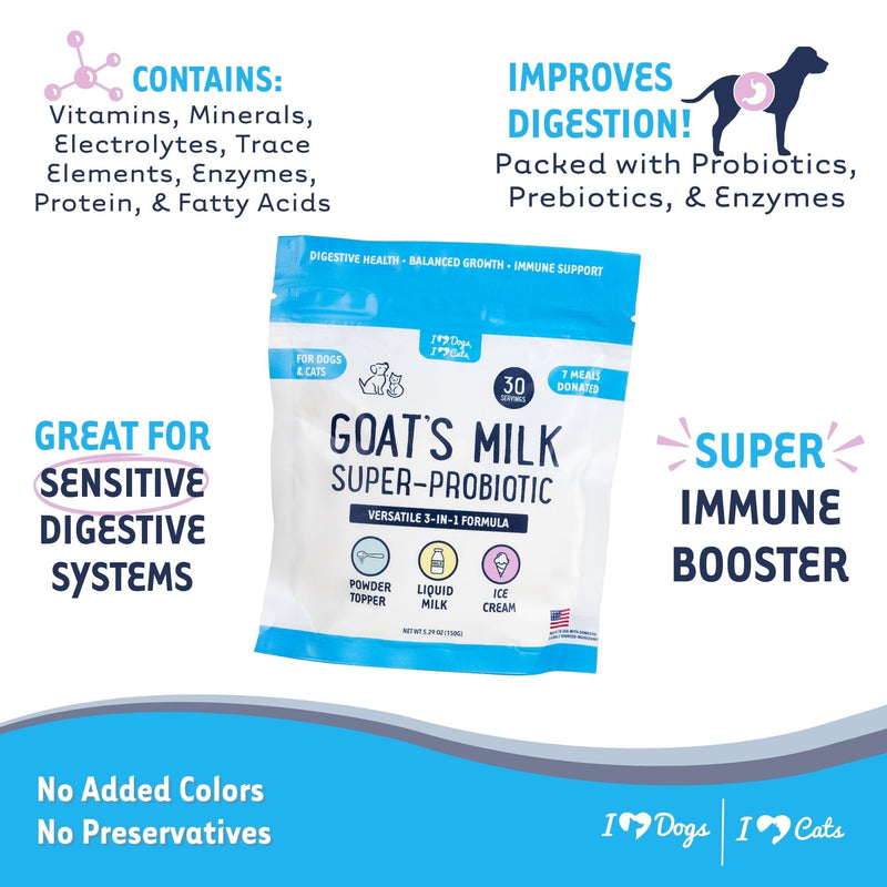 iHeartDogs Goat’s Milk for Dogs & Cats - 3-in-1 Food Topper Powder, Liquid Milk or Dog Ice Cream - Powdered Goat Milk with Probiotics