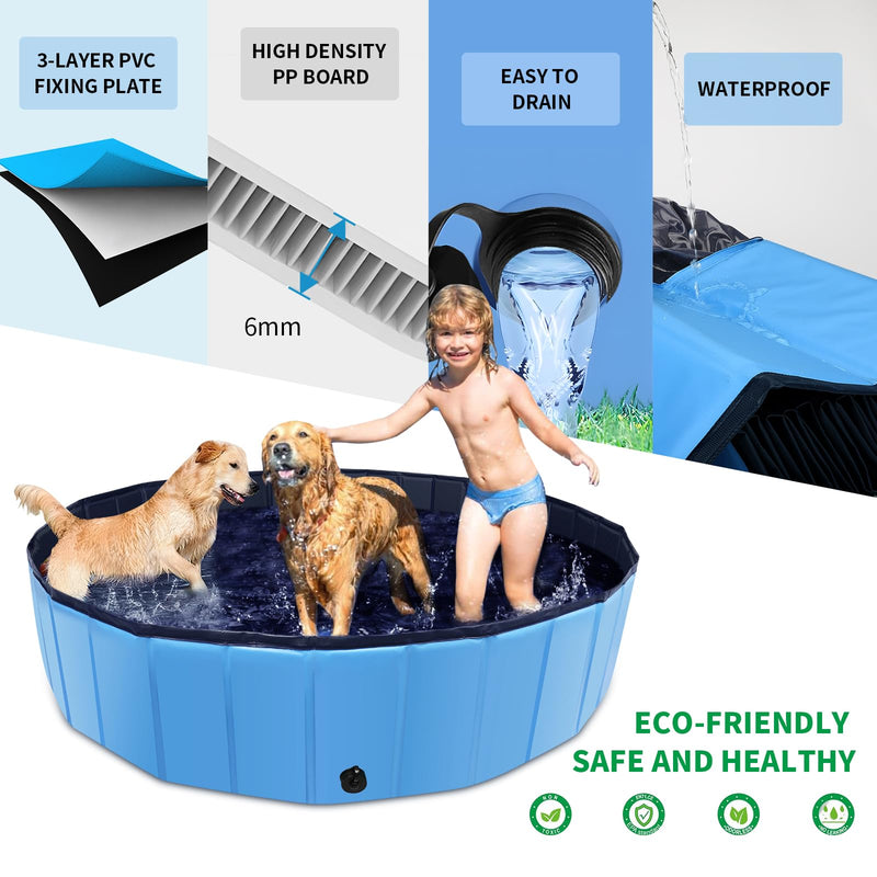 Foldable Dog Pool, 39" x 12" Kiddie Pool with Hard Plastic, Non-Slip Dog Bath Tub for Outdoor Backyard, Collapsible Dog Swimming Pool for Kids Dogs Pets (Blue) Blue 39" - PawsPlanet Australia