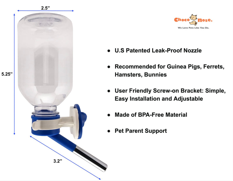 Choco Nose Patented No-Drip Water Bottle/Feeder for Guinea Pigs/Hamsters/Bunnies/Ferrets/Other Small Pets, Critters and Animals - for Cages, Crates or Wall Mount. 10.2oz. Nozzle 10mm, Blue (C128) C128 Blue Guinea Pigs-Small Bunnies-Ferrets - PawsPlanet Australia