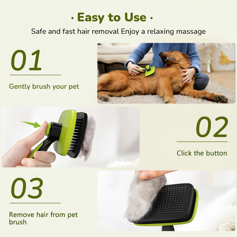 Pecute Cat and Dog Brush for Grooming - Self Cleaning Slicker With Rounded Pins for Short Haired Cats and Small Dogs - Safe and Smooth L Green