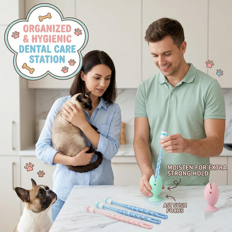 ElevateTech Small Dog and Cat Toothbrush, 4 Pcs 360 Degree Pet Toothbrushes Soft Silicone Cat Puppy Tooth Brushing Kit with 2Pcs Suction Cup Toothbrush Holder for Kitten Tiny Pet Teeth Cleaning