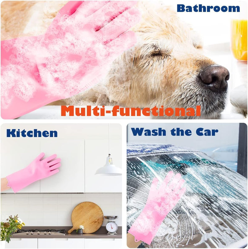 Pet Grooming Gloves, Silicone Gloves Dog Bathing Supplies Hair Removal Gloves, High Density Teeth Bathing Shampoo Shedding Bath Brush Scrubber Washing for DOD and Cat (Pink) - PawsPlanet Australia