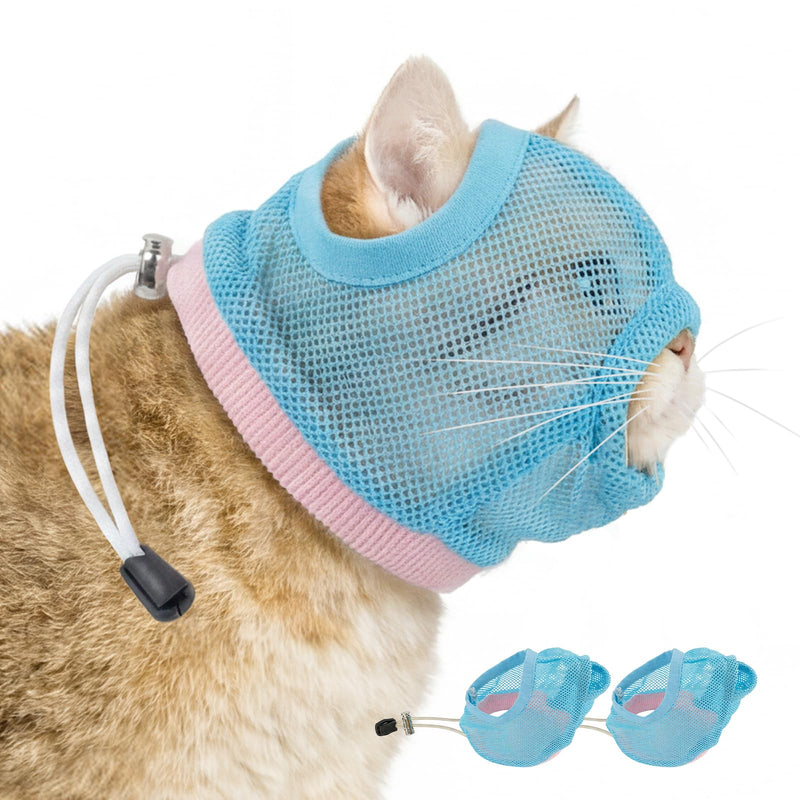 2 Pieces Visible & Breathable Cat Muzzle for Grooming, Anti-Bite Pet Mask with Adjustable Neck Size and Ear-Friendly Design Blue M