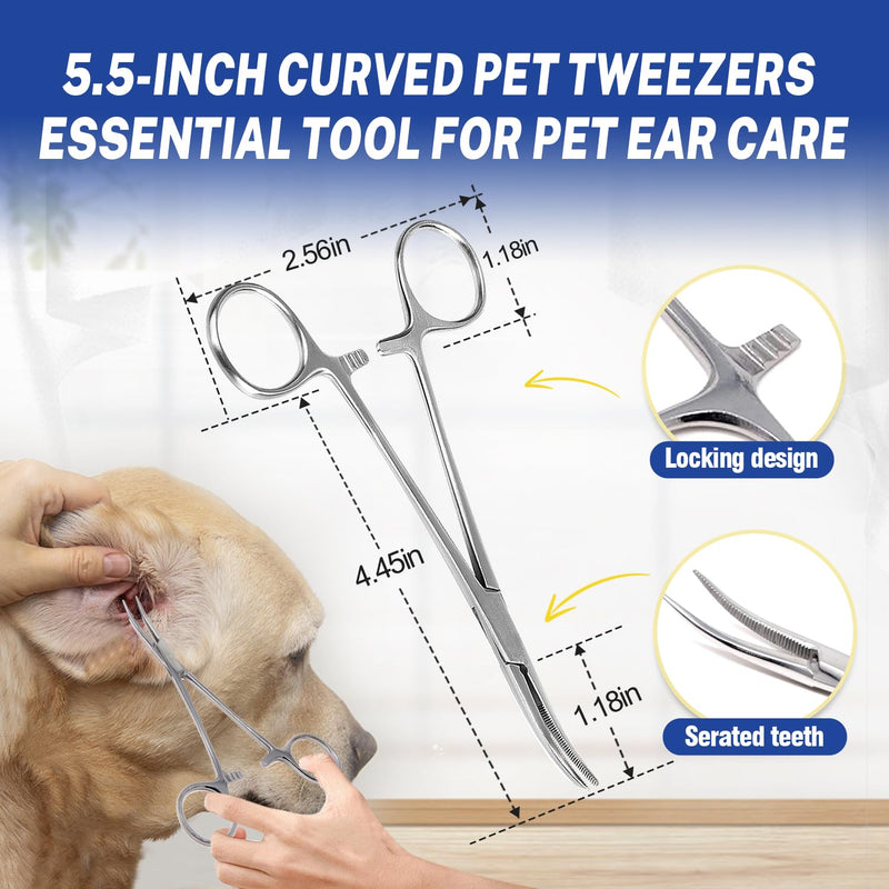 Dog Ear Hair Removal Kit with Powder & 5.5" Curved Locking Forceps - Dog Ear Finger Wipes Gentle Ear Grooming Tool for Dogs - Absorb Moisture, Remove Dirt - Alcohol-Free Pet Ear Care ear powder+tweezers+finger wipes