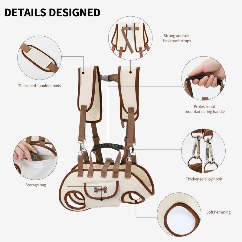Dog Backpack Carrier for Small Dogs,Dog Lift Harness Adjustable Padded Breathable with Small Pet Treat Bag Straps for Disabled, Joint Injuries, Cars,Outdoor Hiking Pet（L 13-19lb） Coffee brown Large(13-19lb) - PawsPlanet Australia