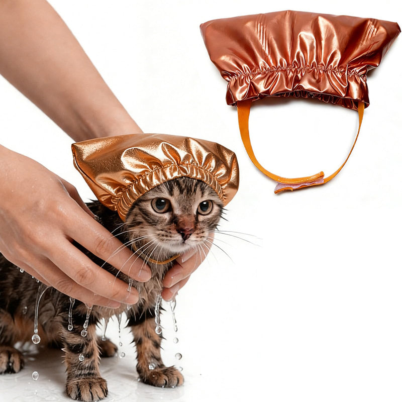 Soft, comfortable cat ear protectors for swimming and grooming, waterproof fabric, bathing hat, shower cap, head covering, waterproof cat head cover, gold, size S