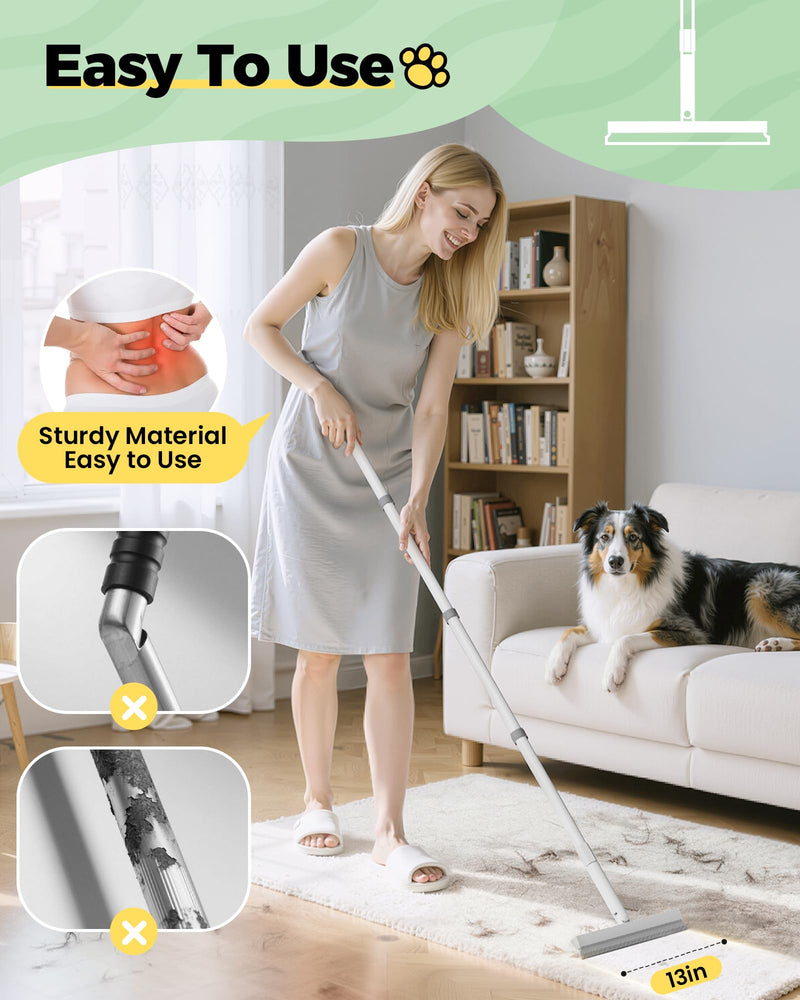 Carpet Rake for Pet Hair Removal Tool - 4 in 1 Pet Hair Remover Kit for Dog Cat Fur Remover, Contain 60" Adjustable Rubber Broom, Glove, Magic Brush and Scraper for Home Furniture, Rugs, Mats - PawsPlanet Australia