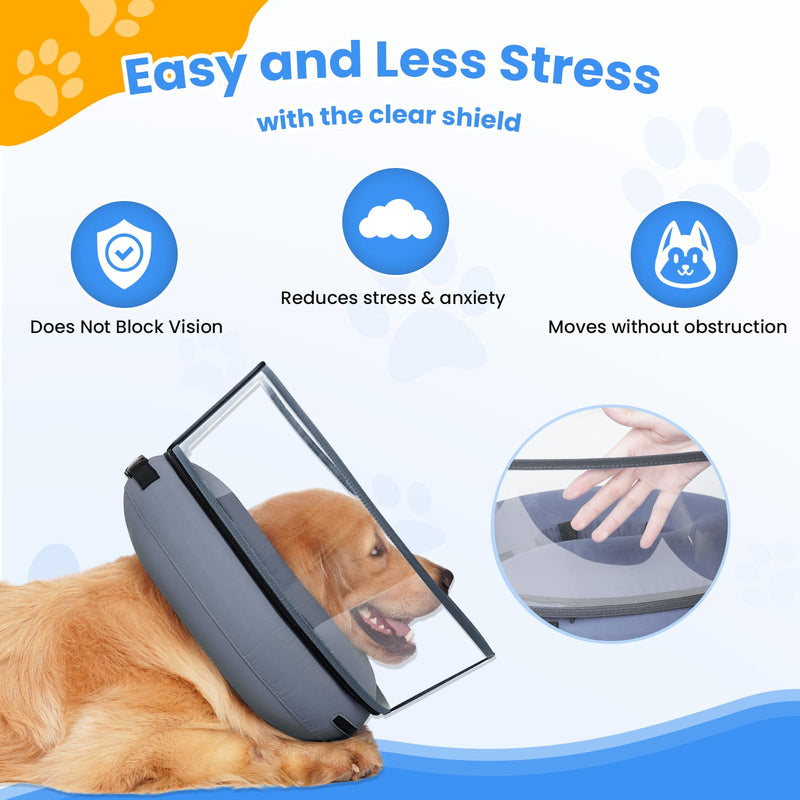 BARKLESS Inflatable Cone for Large Dogs, Soft Dog Donut Collar After Surgery to Stop Licking, Large Inflatable Collar with Clear Anti-Licking Shield, Cone of Shame Alternatives XL Grey