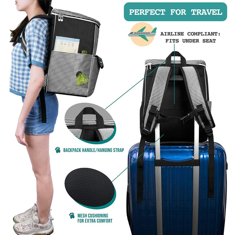 PetAmi Dog Travel Bag Backpack, Airline Approved Dog Bags for Traveling, Puppy Diaper Bag Supplies, Pet Camping Essentials Hiking Accessories Dog Gift, Food Container, Collapsible Bowls, Stripe Black One Size (Pack of 1) - PawsPlanet Australia