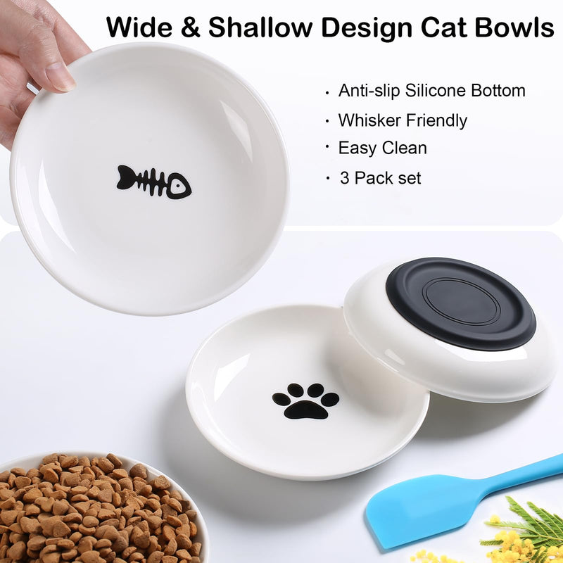 Ceramic Cat Bowls, 3Pcs Whisker Friendly Shallow Food Bowls for Kittens, Cat Dishes Plates with Non-Slip Silicone Base‌ (Shallower-3 PACK) Shallower-3 PACK