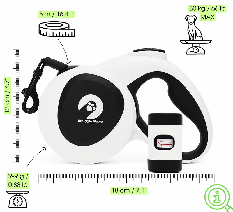 Snuggle Paws All-in-One 16 ft Retractable Dog Leash with Light LED, Dog Poop Bag Holder, Chew Proof Dog Leash, Dog Waste Bags | Leash for Dogs up to 66 lbs - PawsPlanet Australia