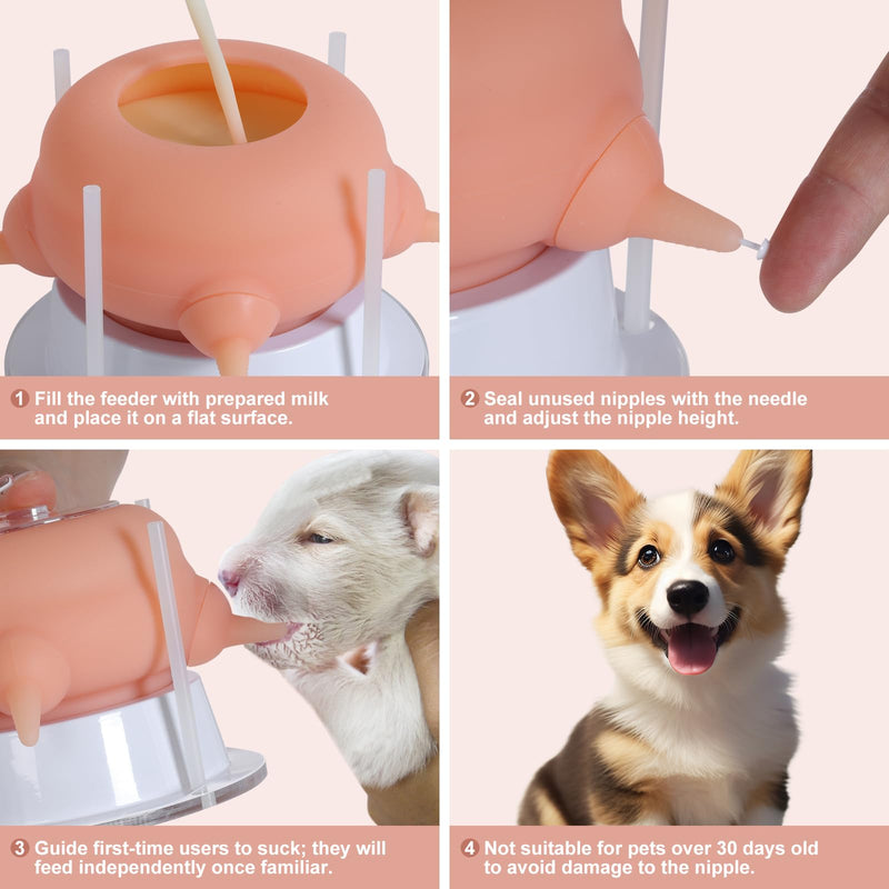 Nursing Nipple Puppy Feeders for Multiple Puppies, 200ml Food-Grade Silicone with 4 Adjustable Detachable Nipples, Smooth Flow Nipple for Kitten Bottle Feeding Kit(Pink) Pink - PawsPlanet Australia