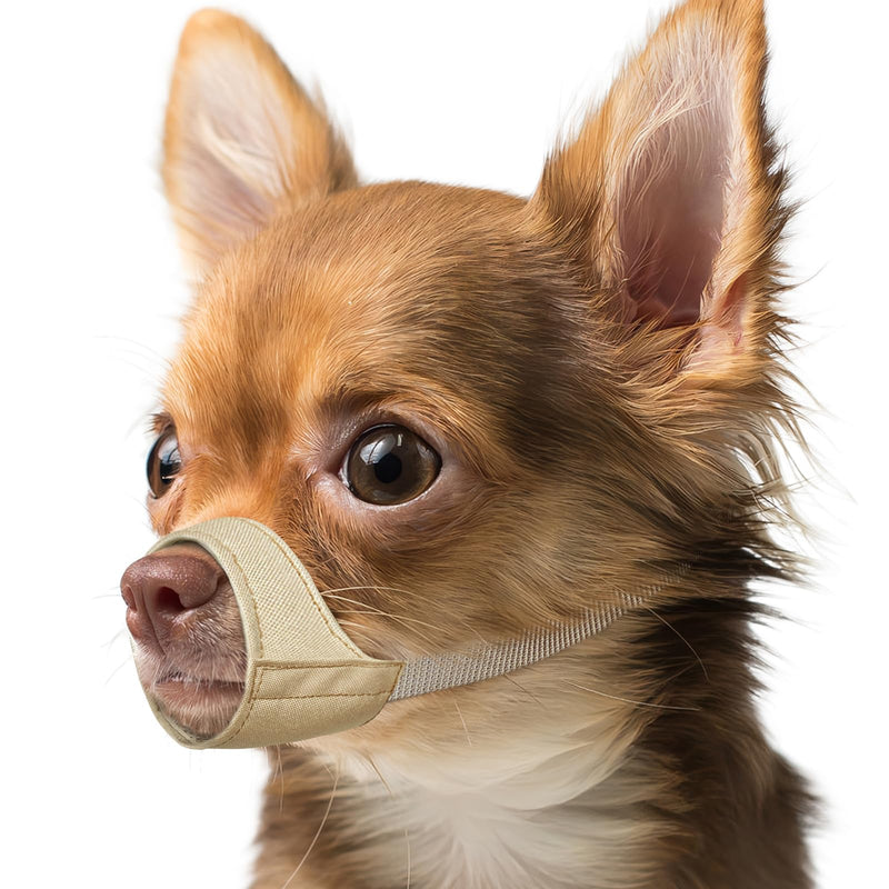 Mayerzon Short Snout Dog Muzzle, Small Muzzle for Chihuahua Shih Tzu American Bully Boxer Puppy, Soft Fabric Muzzles for Grooming Vet Visits Khaki XXS [Snout Cir: 4-5"]