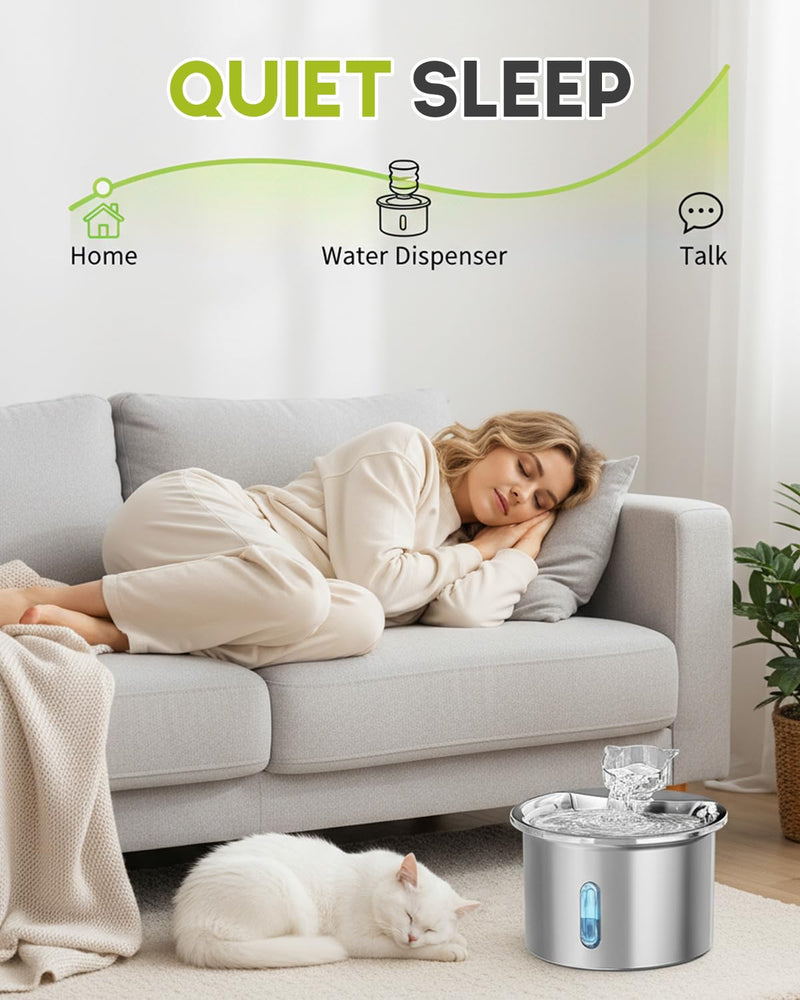 2L Stainless Steel Cat Water Fountain - Pet Drinking Fountain for Cats with 4 Replacement Filters, Cute Cat Head Water Outlet, Visible Water Level Dispenser & Window, Quiet Cats Drinker silvery