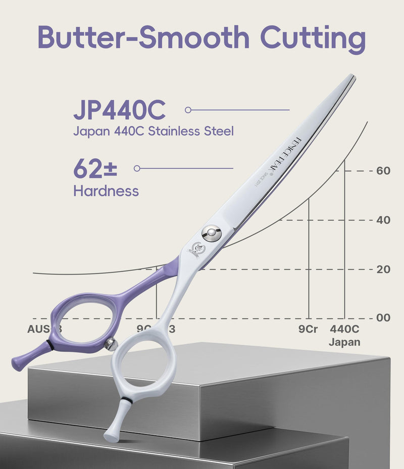 Fenice Peak 7" Curved Dog Grooming Scissors, Japanese 440C Stainless Steel, Professional Handcrafted Precision Cat Trimming Shears for Face, Body, Paws, Violet-White 7"Curved - PawsPlanet Australia