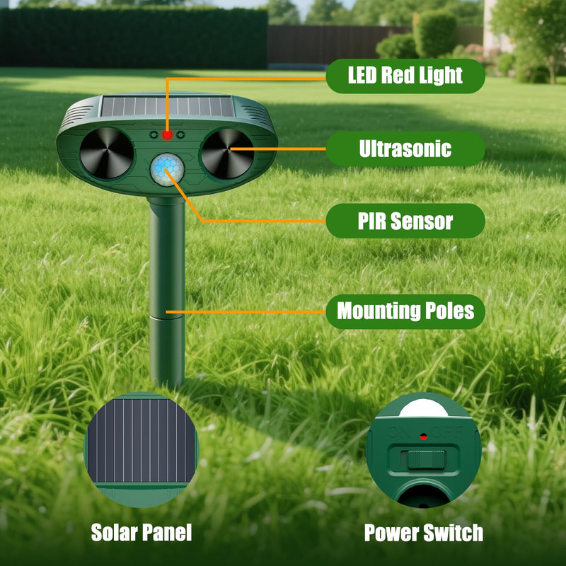 Pest Control Device 2025 Solar Ultrasonic Animal Repellent Rabbit Repeller Raccoon Squirrel Deterrent with Flash Light Motion Sensor to Keep Cat Dog Fox Skunk Out of Garden Yard (1)