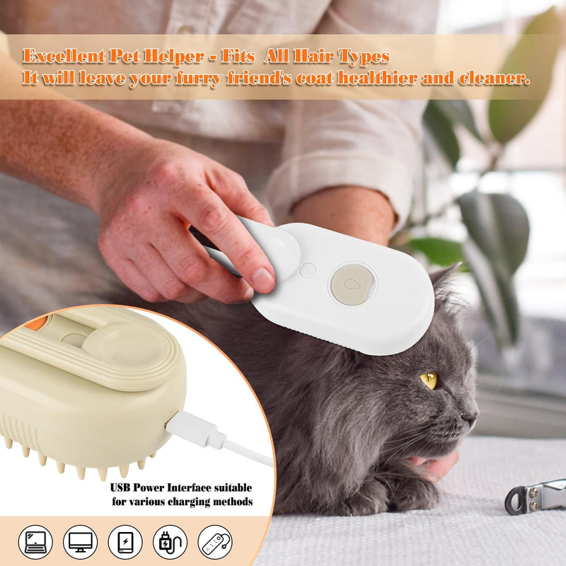 Cat Steam Brush for Shedding – Rechargeable Steam Pet Brush Flea, Anti-Static, Massage, Comb Cleaning All in One Pet Grooming Comb Hair Removal Tool for Cats and Dogs (2 PCS White Brown) - PawsPlanet Australia