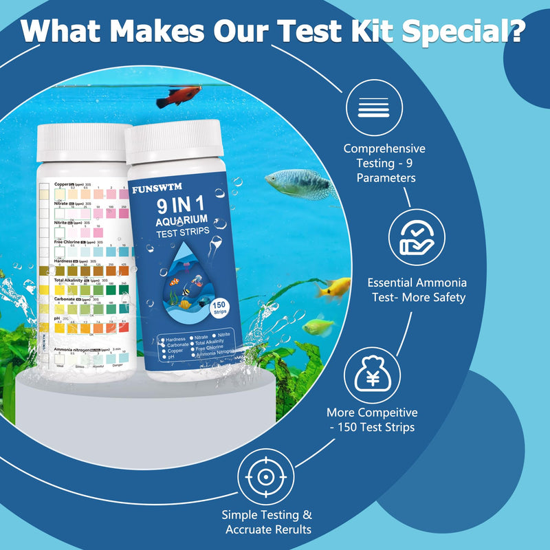 Aquarium Test Strips for Fish Tank: 9 in 1 Aquarium Water Test Kit for Freshwater - 150ct Fish Test Strips Testing Ammonia pH Nitrate Chlorine Nitrite Hardness Alkalinity Copper 9 in 1 - 150 Count