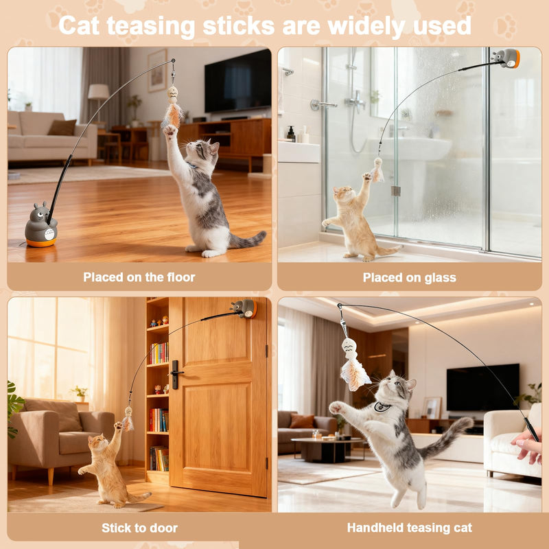 360° Rotatable Interactive Cat Toy, Automatic Cat Wand Toy with Peel-and-Stick Base, Moving Feather, Fish and Bell, Detachable Cat Teaser, Two Model, Cat Toys for Indoor Cats, Kitten and Adult Cats - PawsPlanet Australia