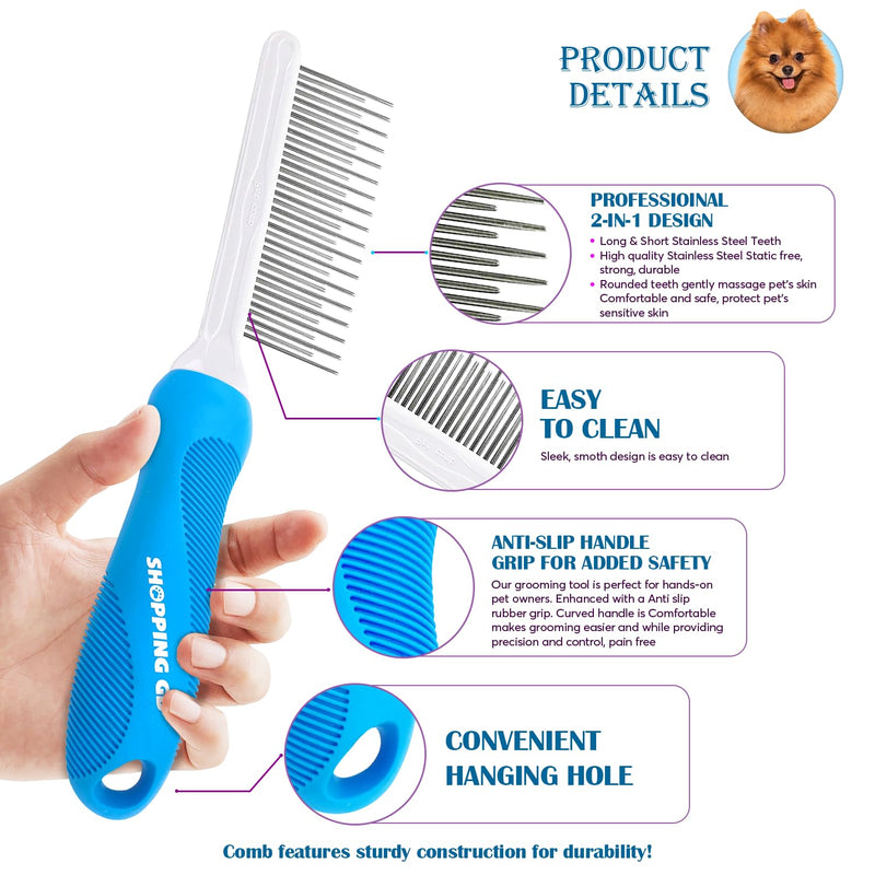 Detangling Pet Grooming Comb for Dogs & Cats with Long & Short Stainless Steel Metal Teeth for Removing Tangles and Knots - Dematting Brush to Detangle Matted Hair Blue comb