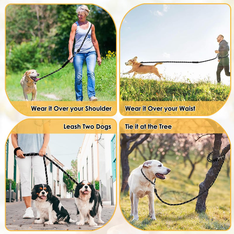 Hands Free Dog Lead, 3M Adjustable Waist & Crossbody Dog Running Rope with Soft Handle, Heavy Duty Lead for Large Medium Dogs up to 100kg, Tangle Free Reflective Leash for 2 Dogs Walking Running Black