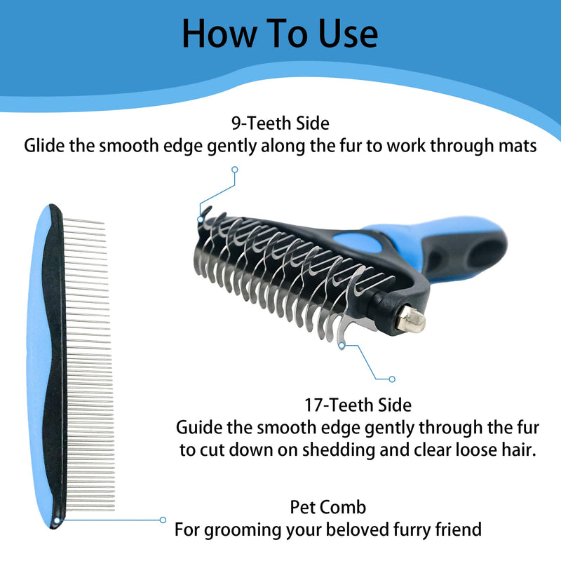 Pet Grooming Rake - Blue Deshedding Comb with Grooming Comb for Dogs and Cats,Double-Sided Dematting Tool,Extra-Wide Deshedding Dog Brush for Long Hair to Effectively Remove Tangles,Knots and Mats - PawsPlanet Australia