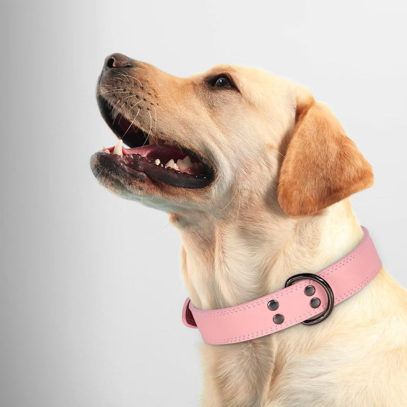 Didog Genuine Leather Dog Collar for Large Dogs, Durable and Soft Pink Dog Collars with Double D Rings and Metal Buckle,Pink,XL XL:Neck 17-21",Width 1¼"