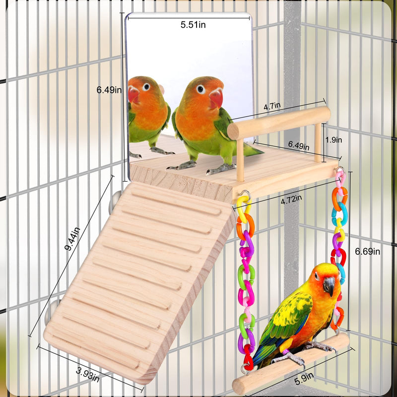 KyoukiBird Perch Platform Bird Toys with Bird Mirror Climbing Ladder Swing, Parakeet Cage Accessories - for Cockatiels, Lovebirds, Budgies,Pacific Parrotlets,Finch,Canaries - Wooden Play Gym - PawsPlanet Australia