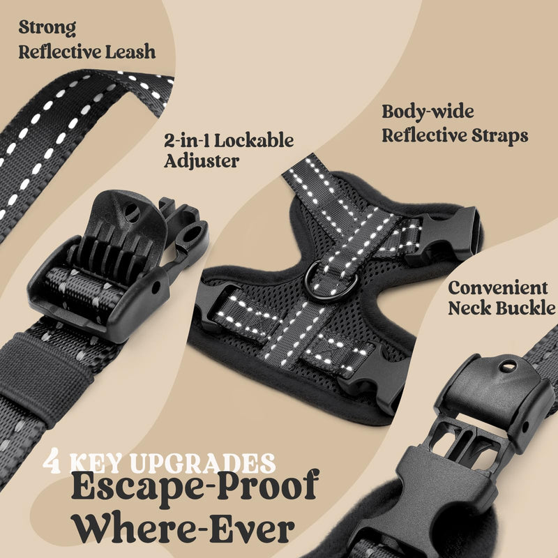 rabbitgoo Cat Harness and Lead Set, Escape Proof Kitten Harness with 3 Adjustable Buckles, Soft Comfortable Cat Vest with Leash, Easy to Wear, Reflective for Safe Outdoor Walking, Medium, Black - PawsPlanet Australia