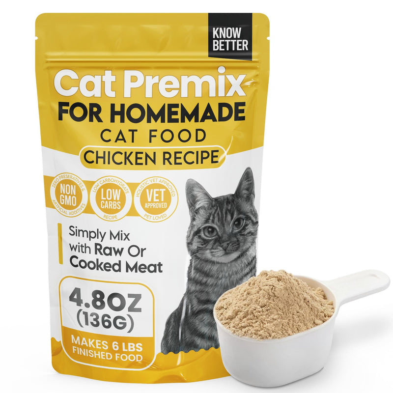 Know Better Chicken Recipe Premix for Raw Or Cooked Cat Food - Natural Supplies Meal Mix with Taurine for Cats - Indoor Cat Food Meal Completer, Feline Premix for Homemade Cat Food - 4.8 Oz 4.8oz