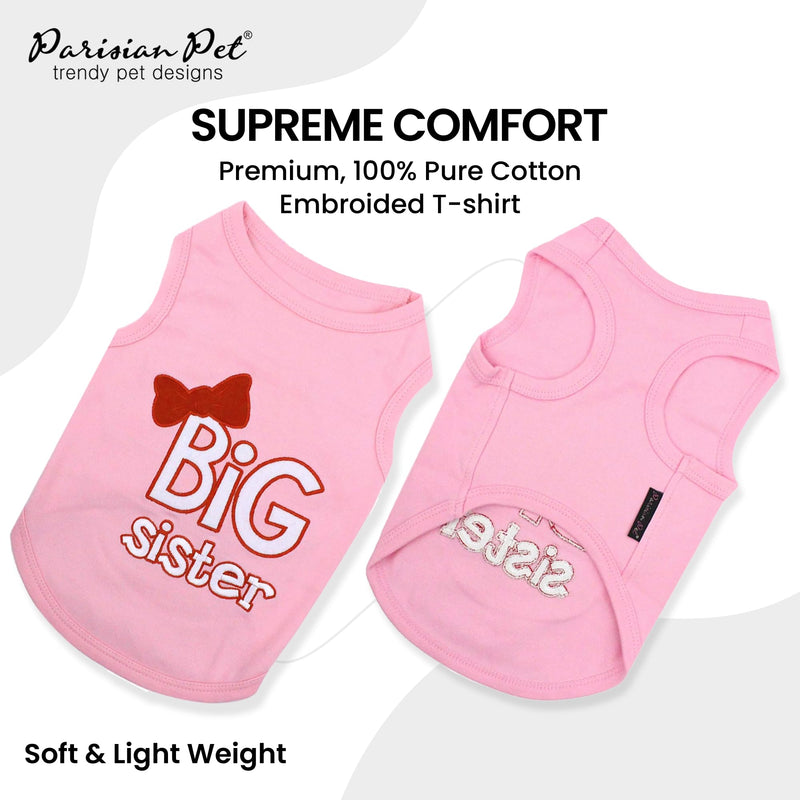 Parisian Pet Cat and Dog T-Shirt with Embroidered ' Big Sister ' - Breathable Big Sister Doggy Clothes - Sleeveless Pets Vest - Machine Washable Pink Shirts for Large Dogs 3XL - PawsPlanet Australia