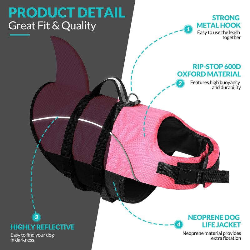 Queenmore Small Dog Life Jacket,Shark Dog Life Vest for Swimming,Puppy Light Life Preserver for Boating kayaking Canoeing,Pet Reflective Lifesaver with High Buoyancy,Rescue Handle,Leash Hook (Pink,XS) X-Small Pink