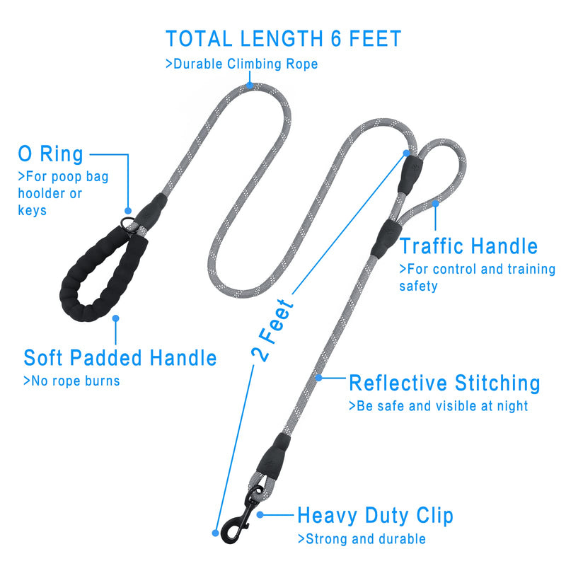 Plutus Pet Rope Dog Leash 6ft Long, Heavy Duty,Reflective Double Handle Leash for Safety Training, for Medium Large Dogs, Dual Handle Leads(Gray) Rope-Gray - PawsPlanet Australia