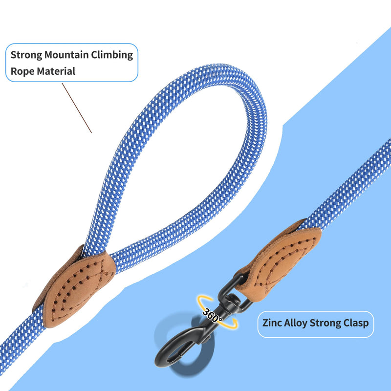 Mile High Life Rope Leash with Genuine Leather Connection, 6 FT/5 FT/4 FT, Heavy Duty Leash for Medium & Large Dogs(Blue White,72 Inch-1/2") - PawsPlanet Australia