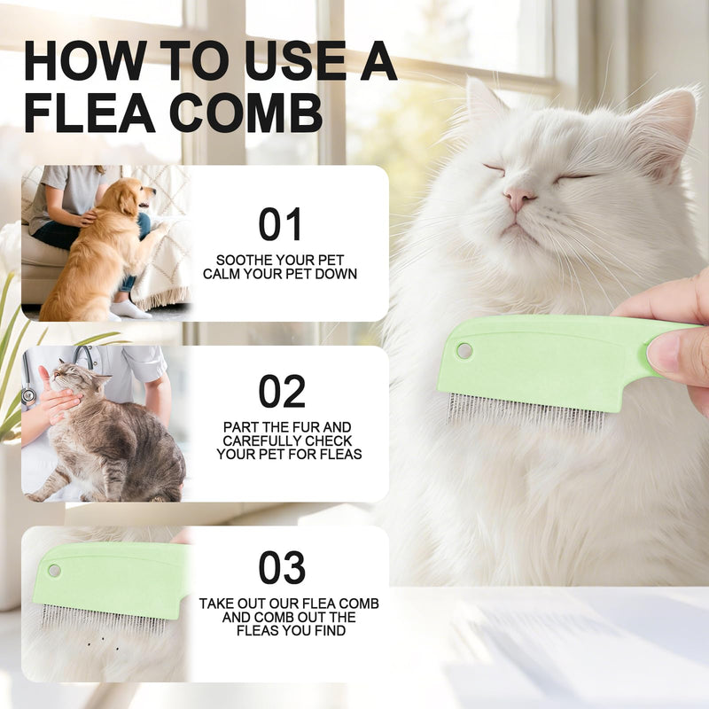 HOP Green 3-Row Pet Flea Comb with Handle Fine Tooth Flea Comb Lice&Tick Metal Comb for Dogs and Cats Remove Loose Hair Dirt Fleas 5.98in/15.2cm