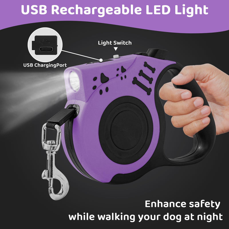 Retractable Dog Leash with USB Rechargeable Flashlight for Night Walks, 16FT Automatic Telescopic Tractor Dog Leash for Small and Medium Dogs, Purple - PawsPlanet Australia