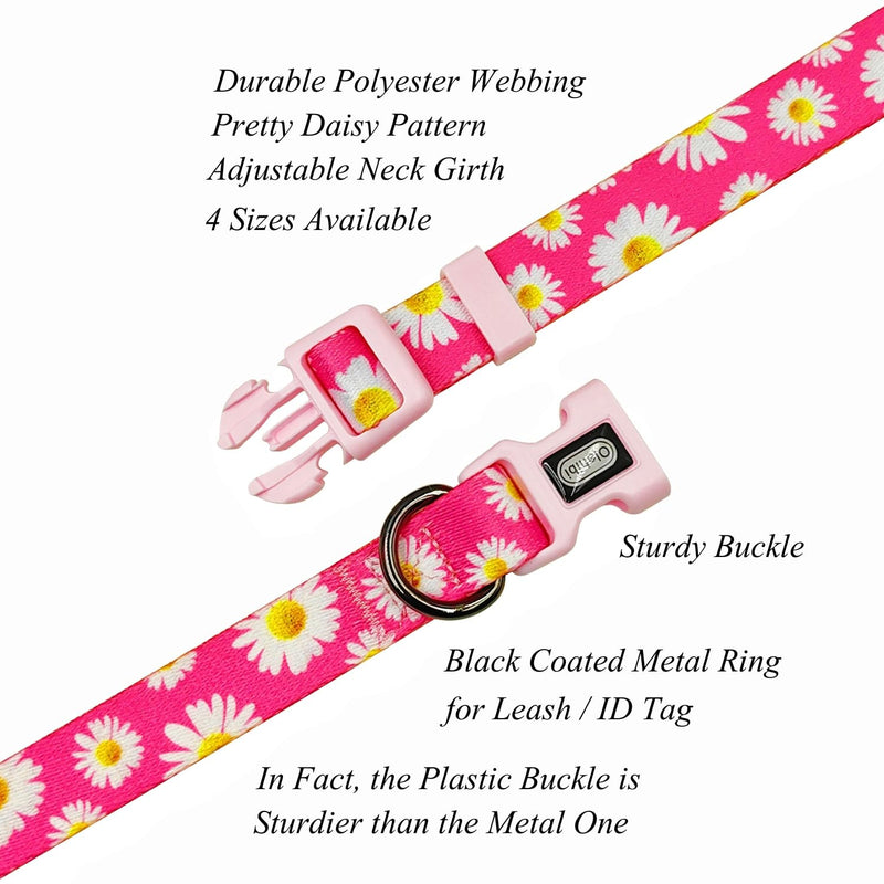Dog Collar and Leash Set, Cute Pink Daisy Pattern, Polyester Material, 5ft Leash, for Small Dogs.(S, Daisy Set) Daisy Hot Pink