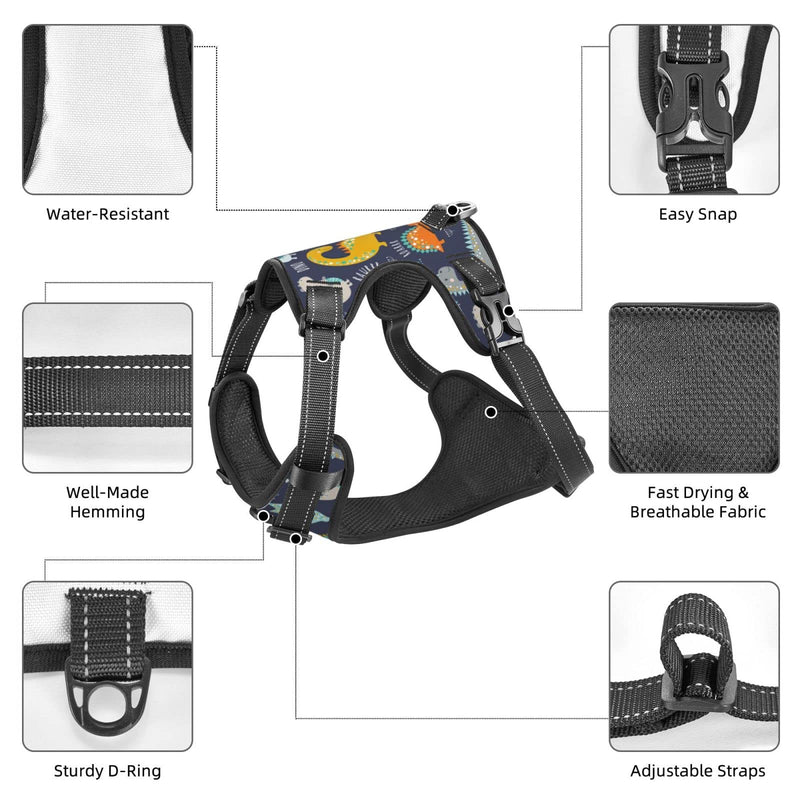 No Pull Dog Harness for Small Dogs Easy Walk Dog Vest Adjustable Collars Harnesses & Leashes Set Breathable Oxford Outdoor Walking Safety Reflective Strip Kids Cute Dinosaurs Prints - PawsPlanet Australia