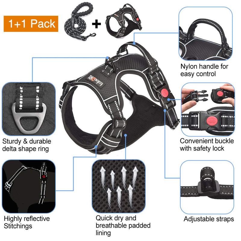 No Pull Dog Harness Adjustable Reflective Oxford Easy Control Medium Large Dog Harness with A Free Heavy Duty 5ft Dog Leash Black Harness+Leash