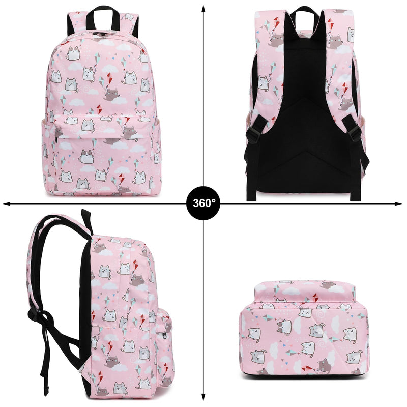 Girls School Backpacks for Kids Teens, 3-in-1 School Bag Bookbags Set with Lunch Bag Pencil Case Cat Pink - PawsPlanet Australia