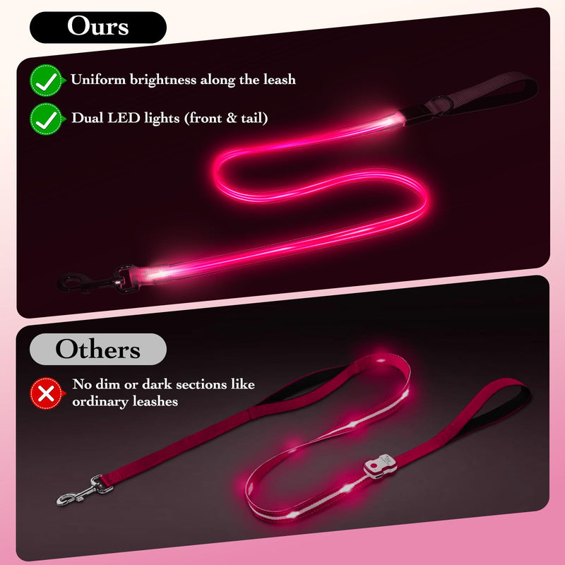 4FT LED Dog Leash – Rechargeable Light Up Dog Lead with Dual-LED Glow, Reflective Nylon, Waterproof Glow Dark Leash with Padded Handle for Small Medium Large Pets Night Walking-Pink Pink - PawsPlanet Australia