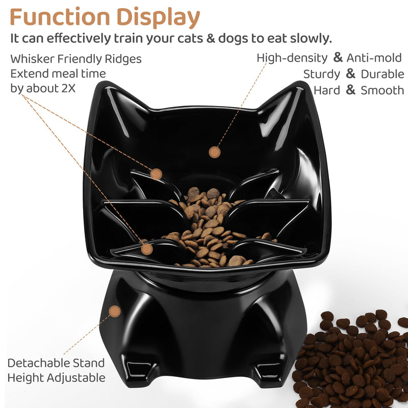Small Elevated Slow Feeder Cat Bowl, Cute Tilted Elevated Bowls and Dishes for Cats & Small Dogs, Whisker Friendly, Anti Vomiting Raised Pet Bowl for Dry and Wet Food, Black - PawsPlanet Australia
